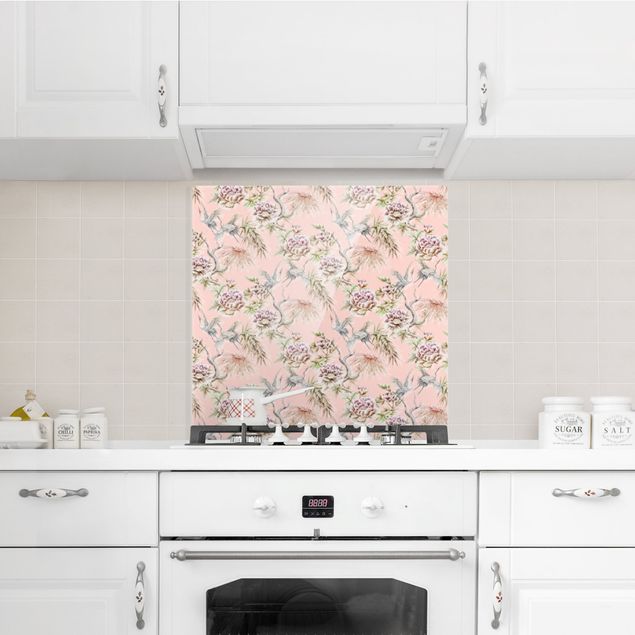 Patterned glass splashbacks Watercolour Birds With Large Flowers In Front Of Pink