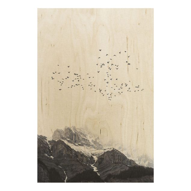 Wood prints landscape Flock Of Birds In Front Of Mountains Black And White