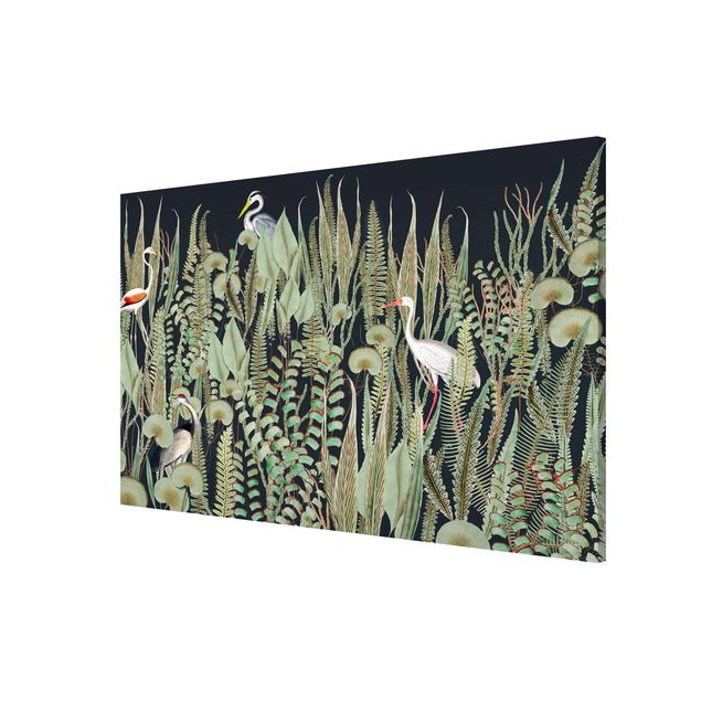 Flower print Flamingo And Stork With Plants On Green
