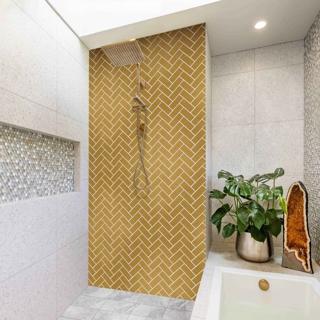 Shower wall cladding - Fish Bone Tiles - Golden Look White Joints