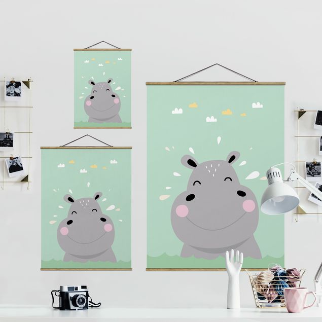 Grey canvas wall art The Happiest Hippo