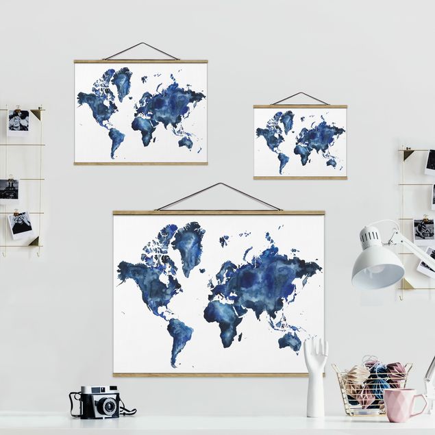 Fabric print with posters hangers Water World Map Light