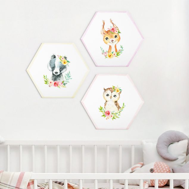 Kids room decor Watercolour Forest Animals With Flowers Set III