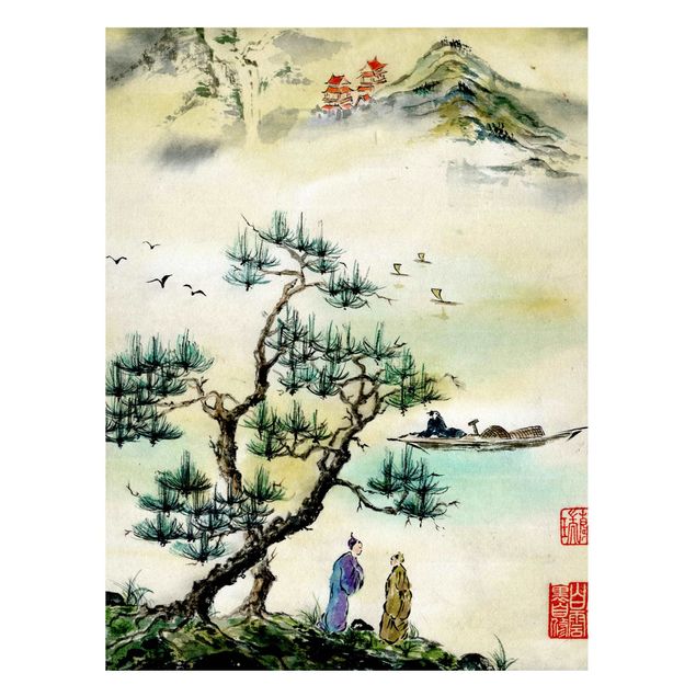Landscape wall art Japanese Watercolour Drawing Pine And Mountain Village