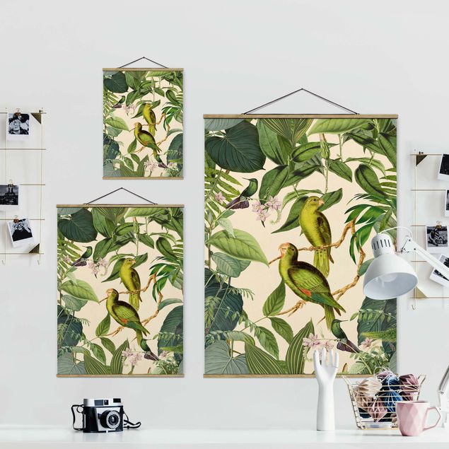 Green art prints Vintage Collage - Parrots In The Jungle