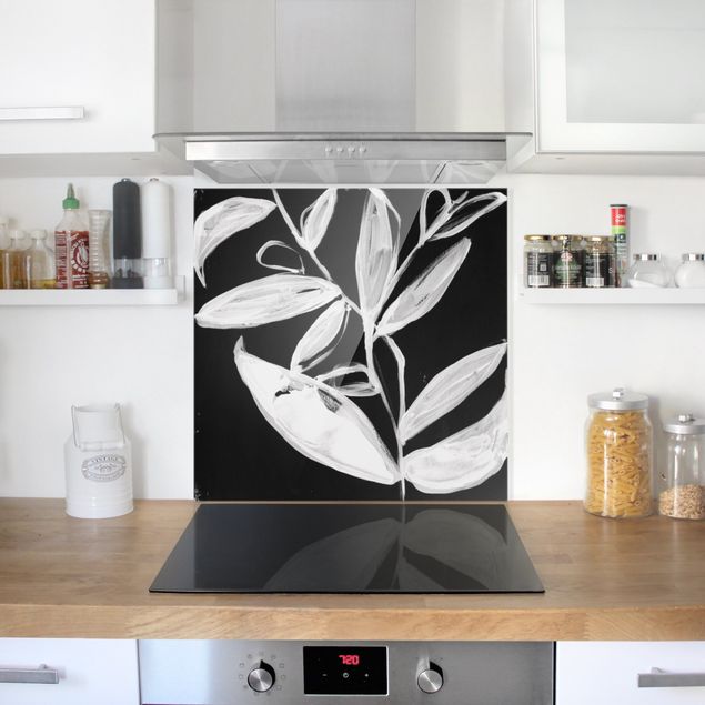 Glass splashback kitchen flower Painted Leaves On Black