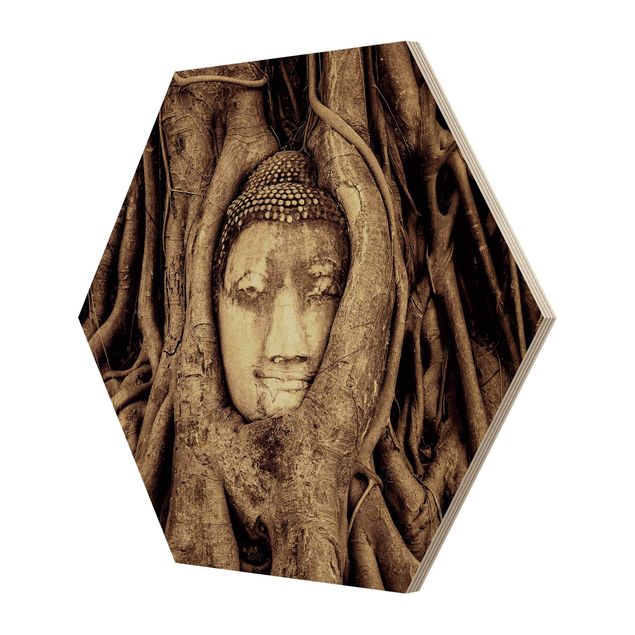 Prints on wood Buddha In Ayutthaya Lined From Tree Roots In Brown