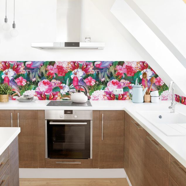 Kitchen Colourful Tropical Flowers With Birds Pink