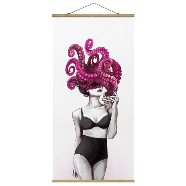 Animal wall art Illustration Woman In Underwear Black And White Octopus