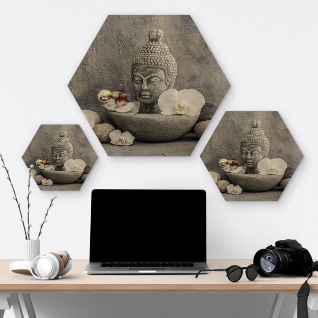 Prints on wood Zen Buddha, Orchids And Stones