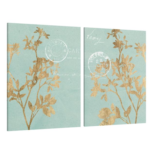 Floral picture Golden Leaves On Turquoise Set I