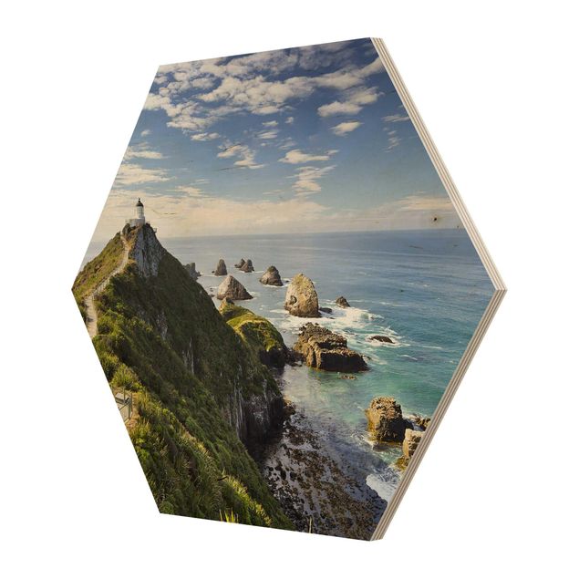 Prints on wood Nugget Point Lighthouse And Sea New Zealand