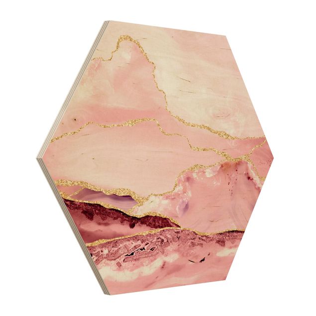 Prints abstract Abstract Mountains Pink With Golden Lines