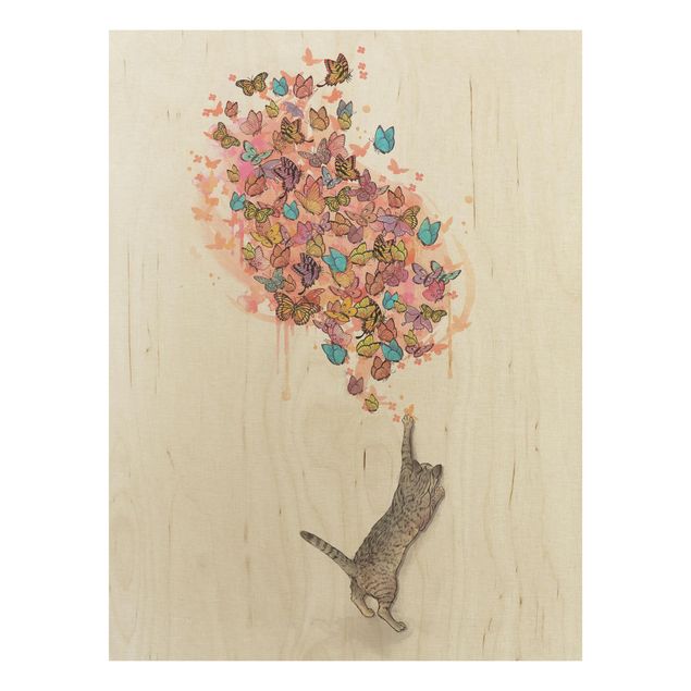 Prints Illustration Cat With Colourful Butterflies Painting