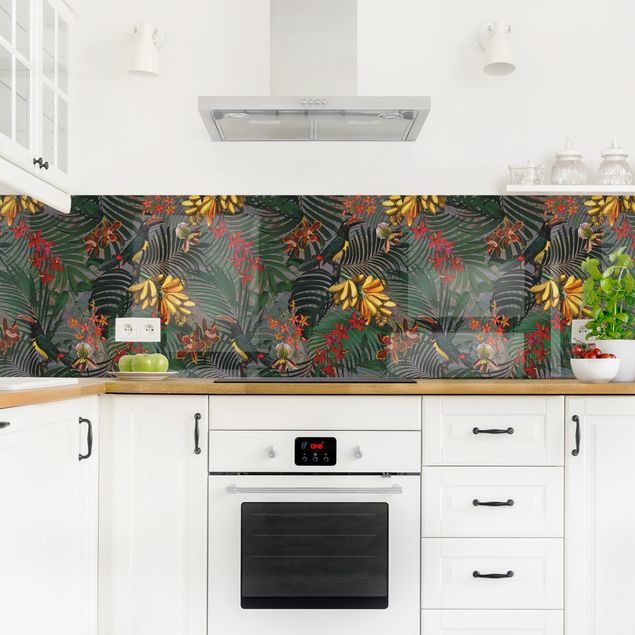 Kitchen splashback patterns Tropical Ferns With Tucan Green
