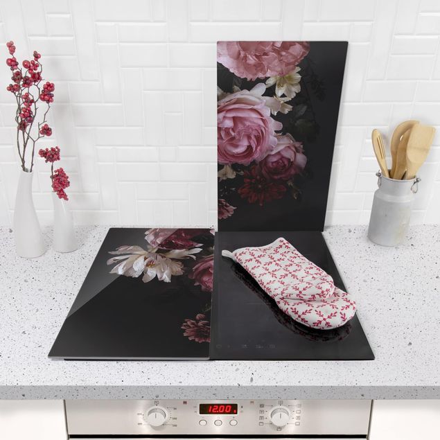Oven top cover Pink Flowers On Black