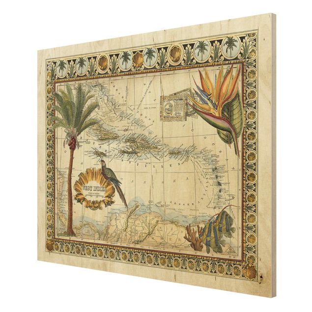 Wood prints landscape Vintage Tropical Map West Indies