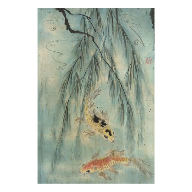 Vintage wood prints Japanese Watercolour Drawing Goldfish II