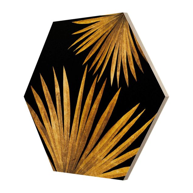 Wooden hexagon - Gold - Palm Leaf On Black