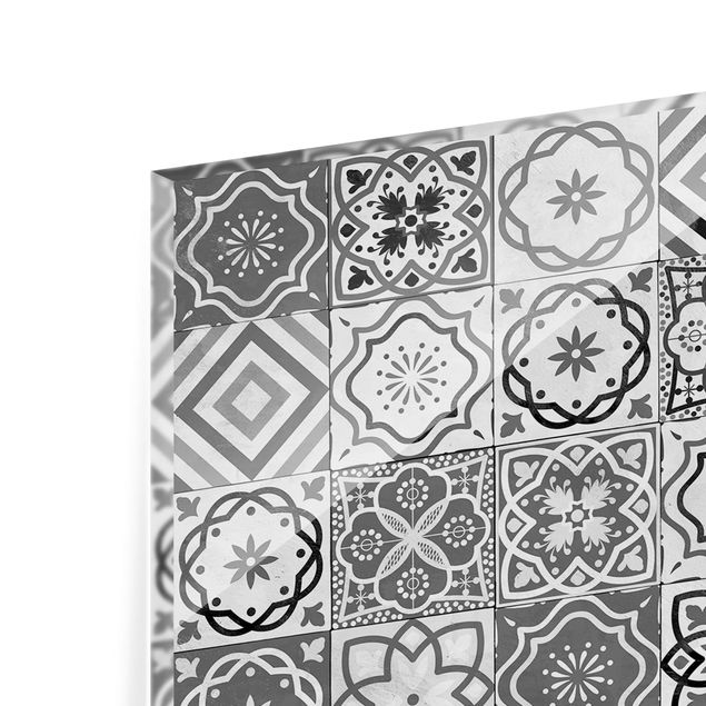 Glass Splashback - Mediterranean Tile Pattern Grayscale - Panoramic