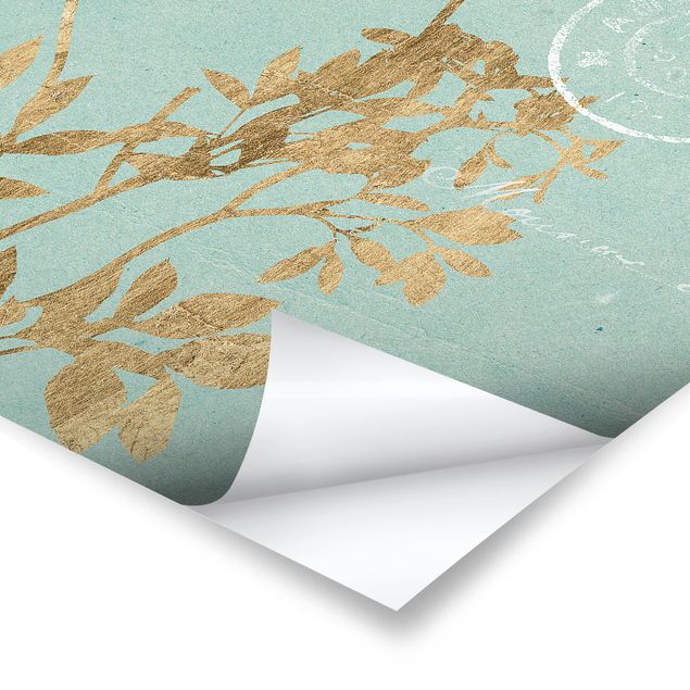 Prints Golden Leaves On Turquoise I