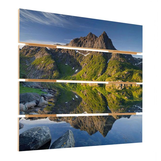 Prints on wood Mountain Landscape With Water Reflection In Norway
