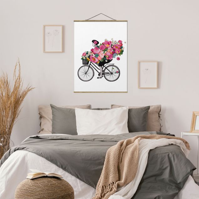 Flower print Illustration Woman On Bicycle Collage Colourful Flowers
