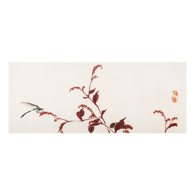 Glass splashbacks Asian Vintage Drawing Red Branch With Dragonfly
