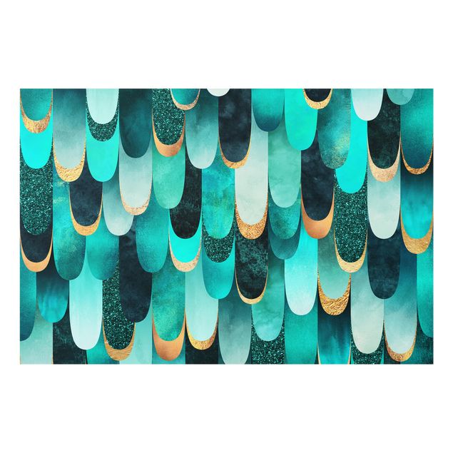 Glass splashback abstract Feathers Gold Turquoise