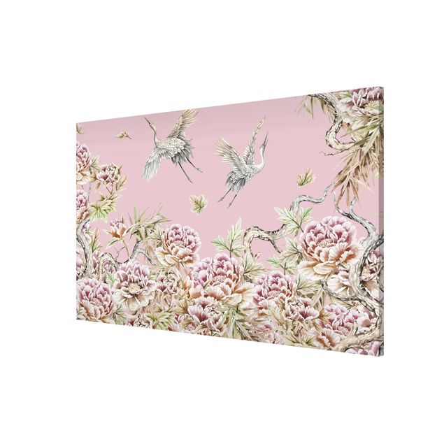 Floral canvas Watercolour Storks In Flight With Roses On Pink