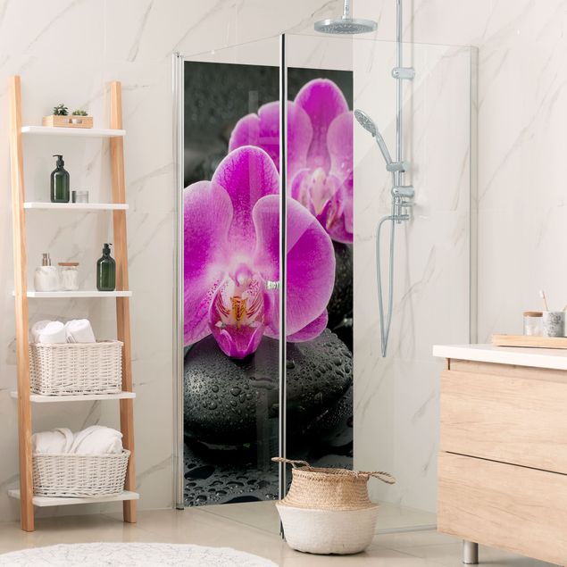 Shower wall cladding Pink Orchid Flower On Stones With Drops