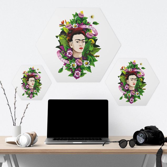 Hexagon photo prints Frida Kahlo - Frida, Monkey And Parrot