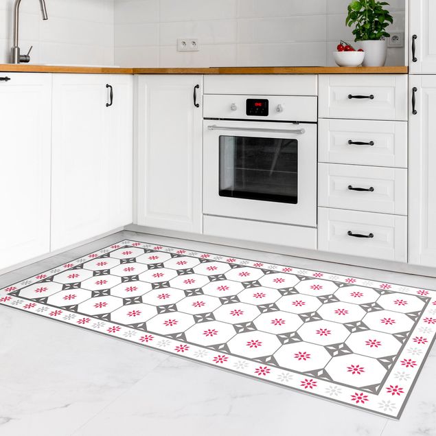 Kitchen Geometrical Tiles Cottage Grey Red With Border
