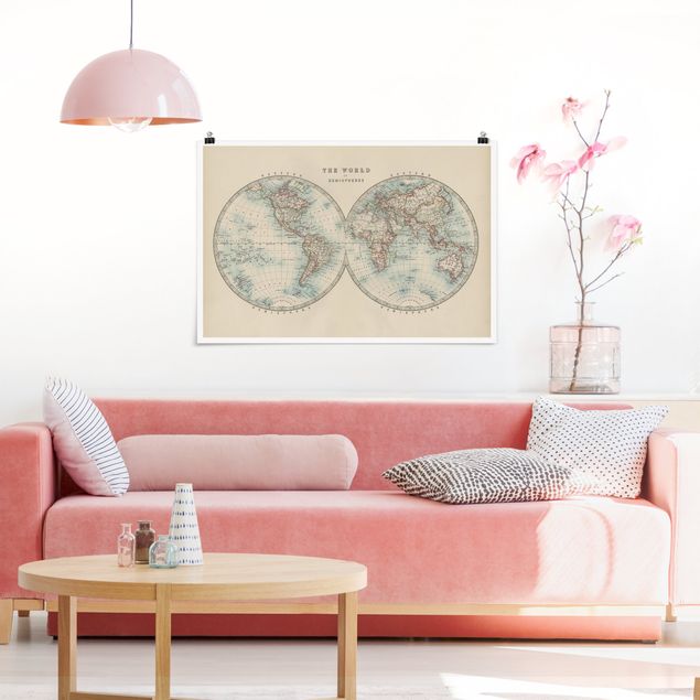 World map poster Vintage World Map The Two Hemispheres