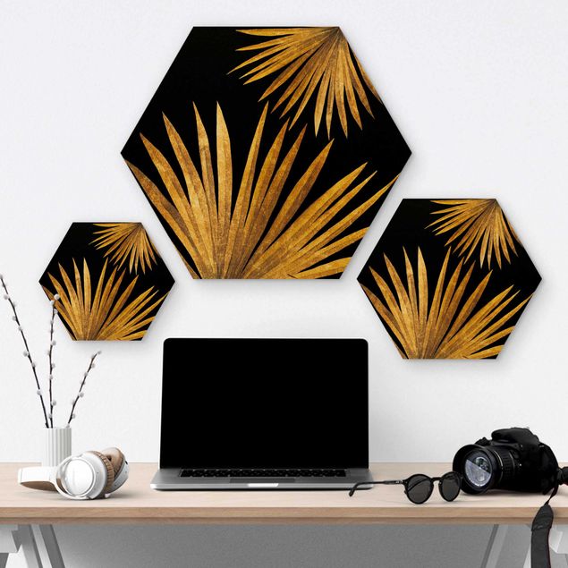 Wooden hexagon - Gold - Palm Leaf On Black