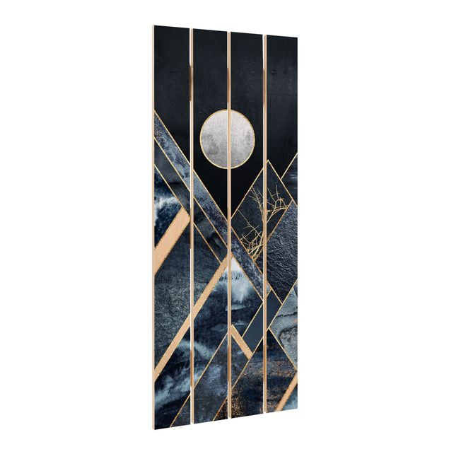 Print on wood - Golden Moon Abstract Black Mountains