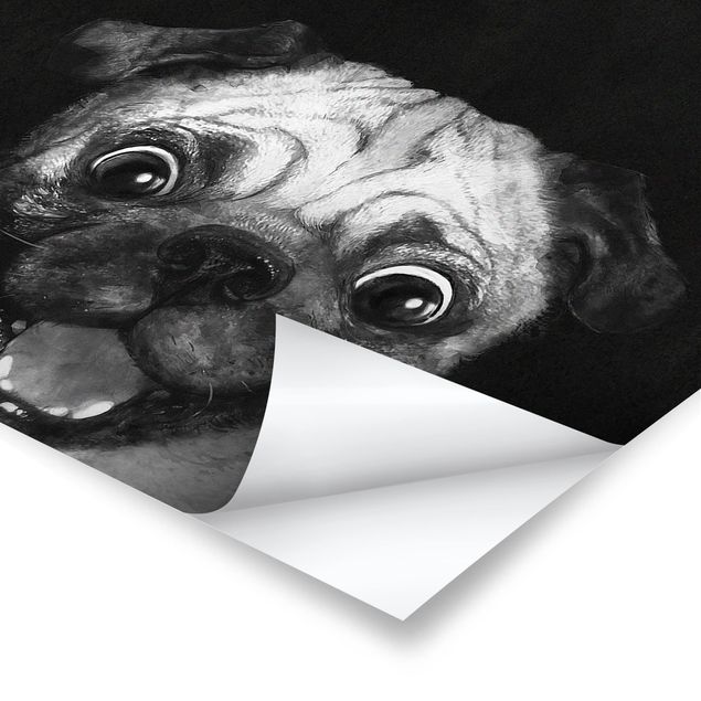 Black prints Illustration Dog Pug Painting On Black And White