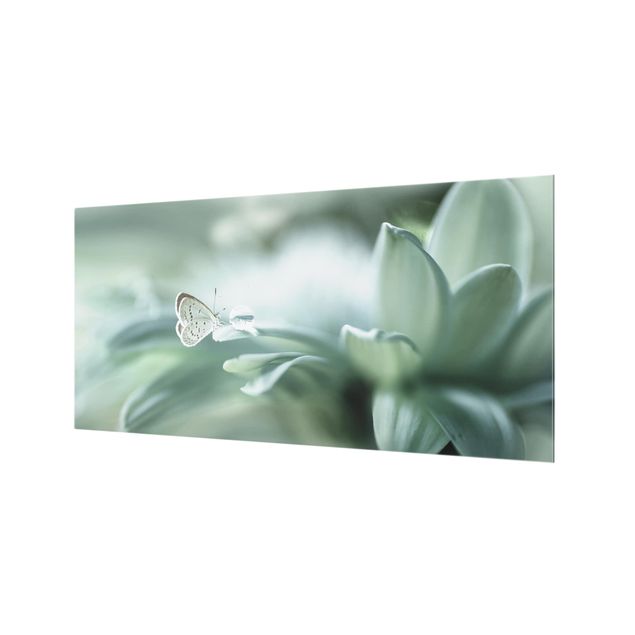 Glass Splashback - Butterfly And Dew Drops In Pastel Green - Landscape 1:2