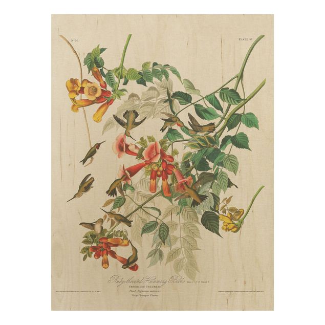 Wood prints flower Vintage Board Hummingbirds