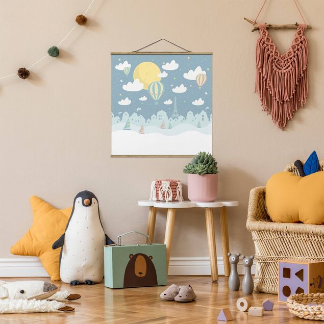 Child wall art Paris With Stars And Hot Air Balloon