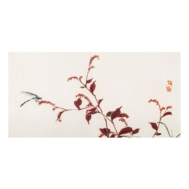 Glass splashbacks Asian Vintage Drawing Red Branch With Dragonfly