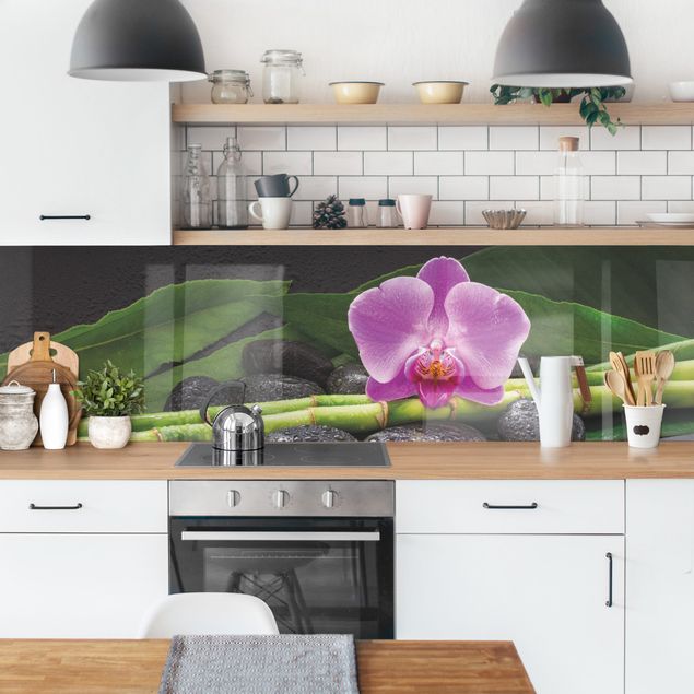 Kitchen splashback stone Green Bamboo With Orchid Flower