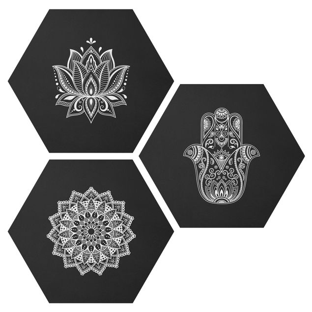 Prints patterns Mandala Hamsa Hand Lotus Set On Black