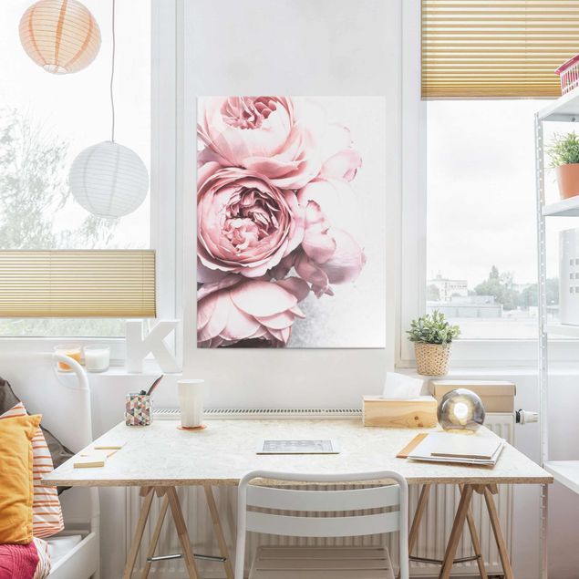 Floral canvas Pink peony blossoms shabby pastel