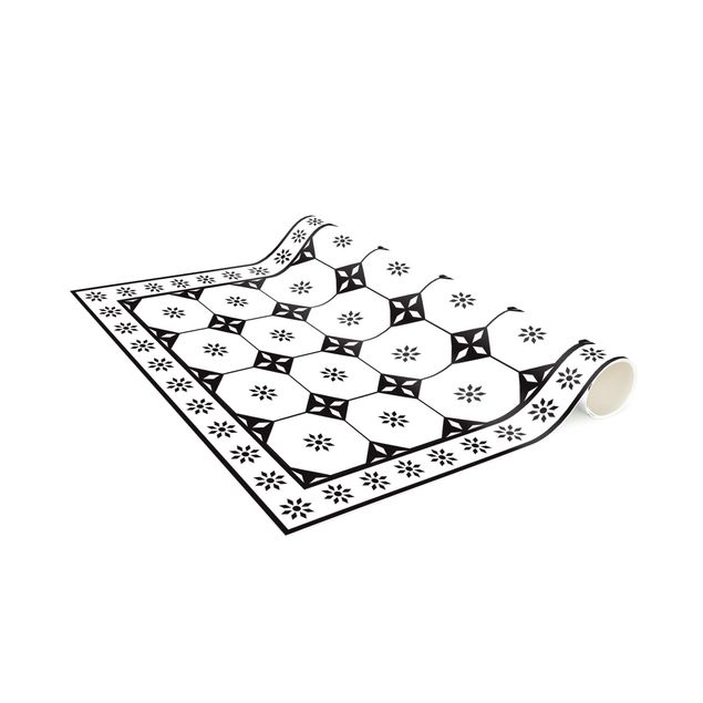 Runner rugs Geometrical Tiles Cottage Black And White With Border