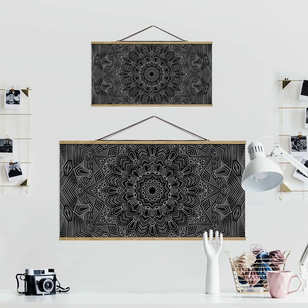 Fabric print with posters hangers Mandala Star Pattern Silver Black
