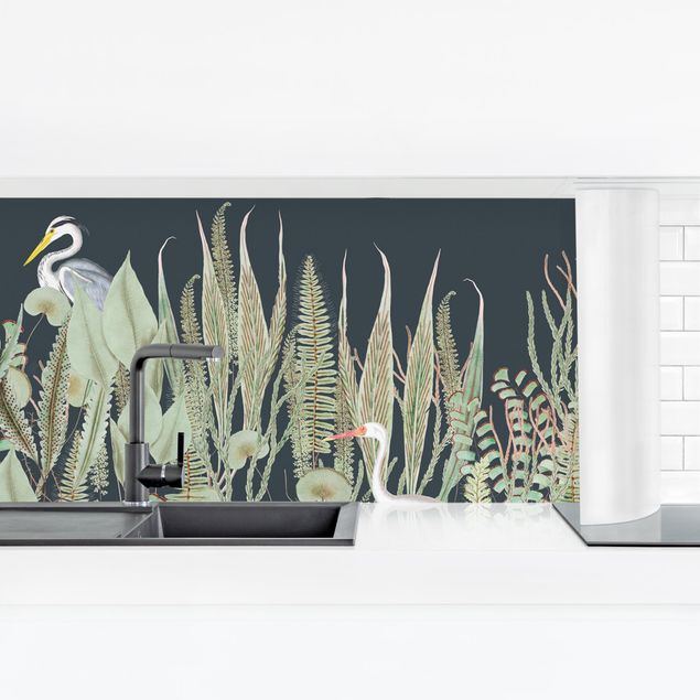 Kitchen splashbacks Flamingo And Stork With Plants On Green