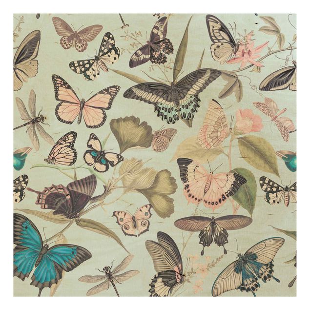 Wood prints flower Vintage Collage - Butterflies And Dragonflies