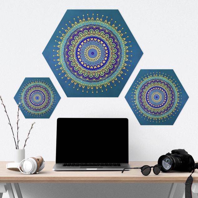 Hexagonal prints Mandala Blue Gold