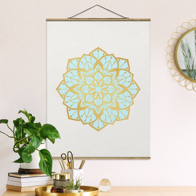 Kitchen Mandala Illustration Flower Light Blue Gold